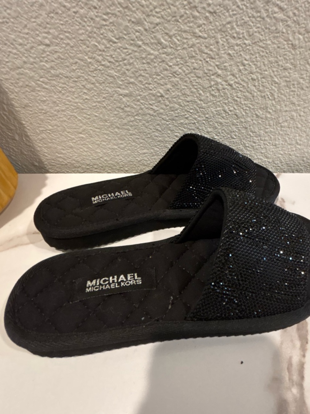 Michael Kors Black Quilted Slide Sandals with Sparkle Strap